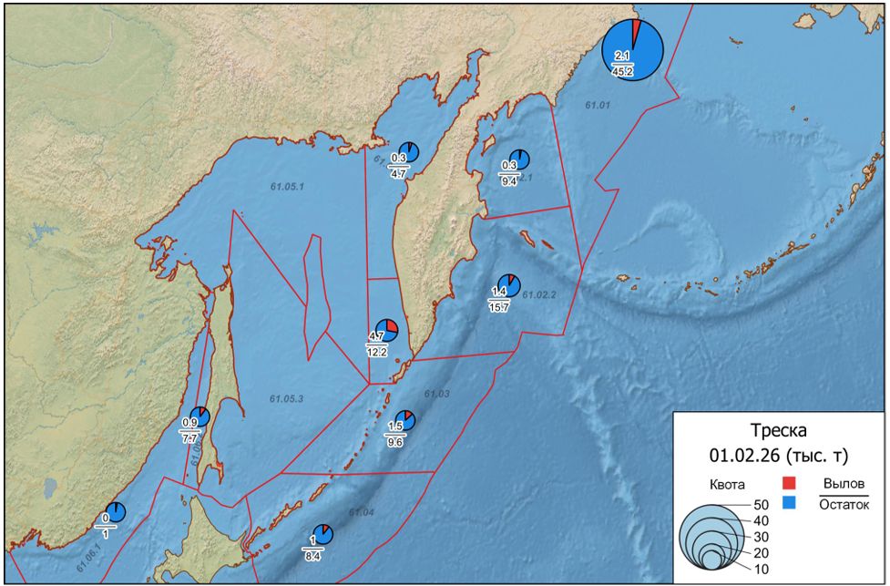 Вылов тихоокеанской трески в промысловых подзонах Дальневосточного рыбохозяйственного бассейна на 1 февраля 2026 г.